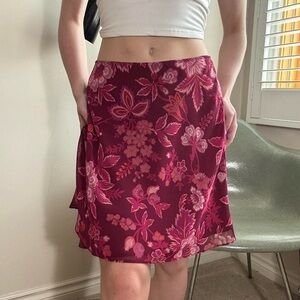 Vintage Express Burgundy Floral Mesh Overlay Skirt XS